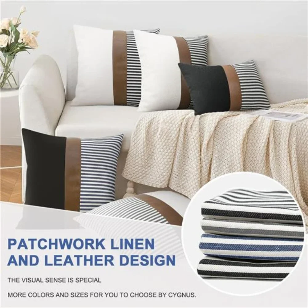 Set of 2 Farmhouse Decor Stripe Patchwork Linen Throw Pillow